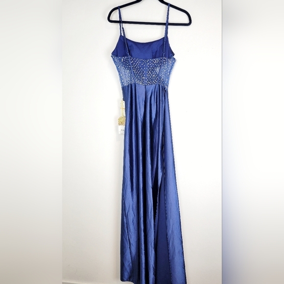 NWT TLC Say Yes Juniors Pleated Illusion Trim Rhinestone Corset Gown in Navy - Picture 6 of 13